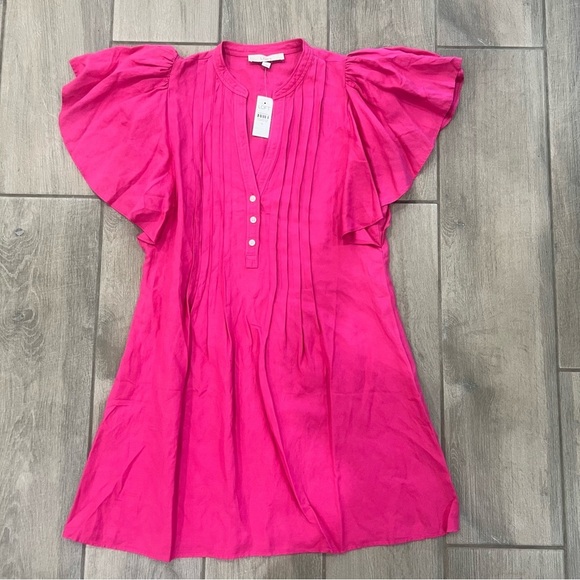 NWT Dark Pink Linen Blend Pleated Ruffle Swing Mini Dress Women’s Size M - Picture 2 of 8